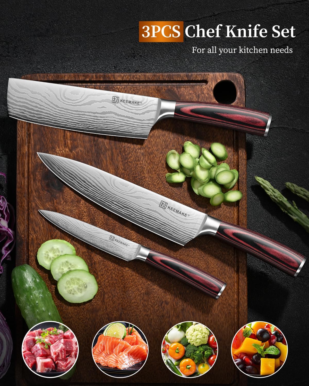 3 Pieces Kitchen Knife Set, Professional Ultra Sharp Chef Knife Set | Japanese High Carbon Stainless Steel with Pakkawood Handle, Kitchen Gadgets, Unique Gifts for Women Men