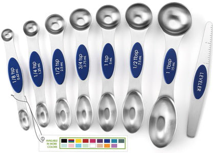 Spring Chef Magnetic Measuring Spoons Set of 8 for Kitchen, Multicolor | Stainless Steel Teaspoon & Tablespoon Measuring Spoons with Leveler for Dry & Liquid Ingredients, Dual Sided, Dishwasher Safe