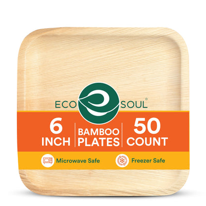 ECO SOUL 6 Inch Disposable Bamboo Plates (100 Pack, Square) | Premium, Natural, Food-Safe, Heavy Duty, Compostable, Eco-Friendly, Biodegradable, Best For Events, Parties, Weddings, BBQs