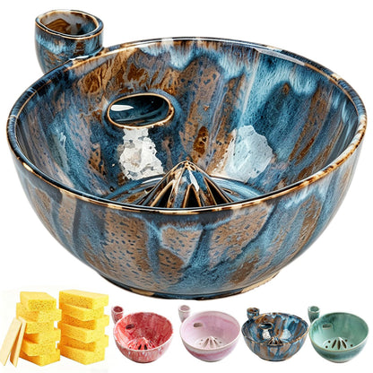 Self Spinning Ceramic Berry Washing Bowl with Drain Holes, 7'' Kitchen Fruit Washer Spinner Bowl with 10pcs Sponges，Blue