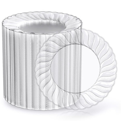 FOCUSLINE 100 Count 6 Inch Clear Plastic Plates, Disposable Heavy Duty Salad Dessert Plates- Premium Hard Plastic Plate Fancy Disposable Clear Plate for Weddings, Parties and Events