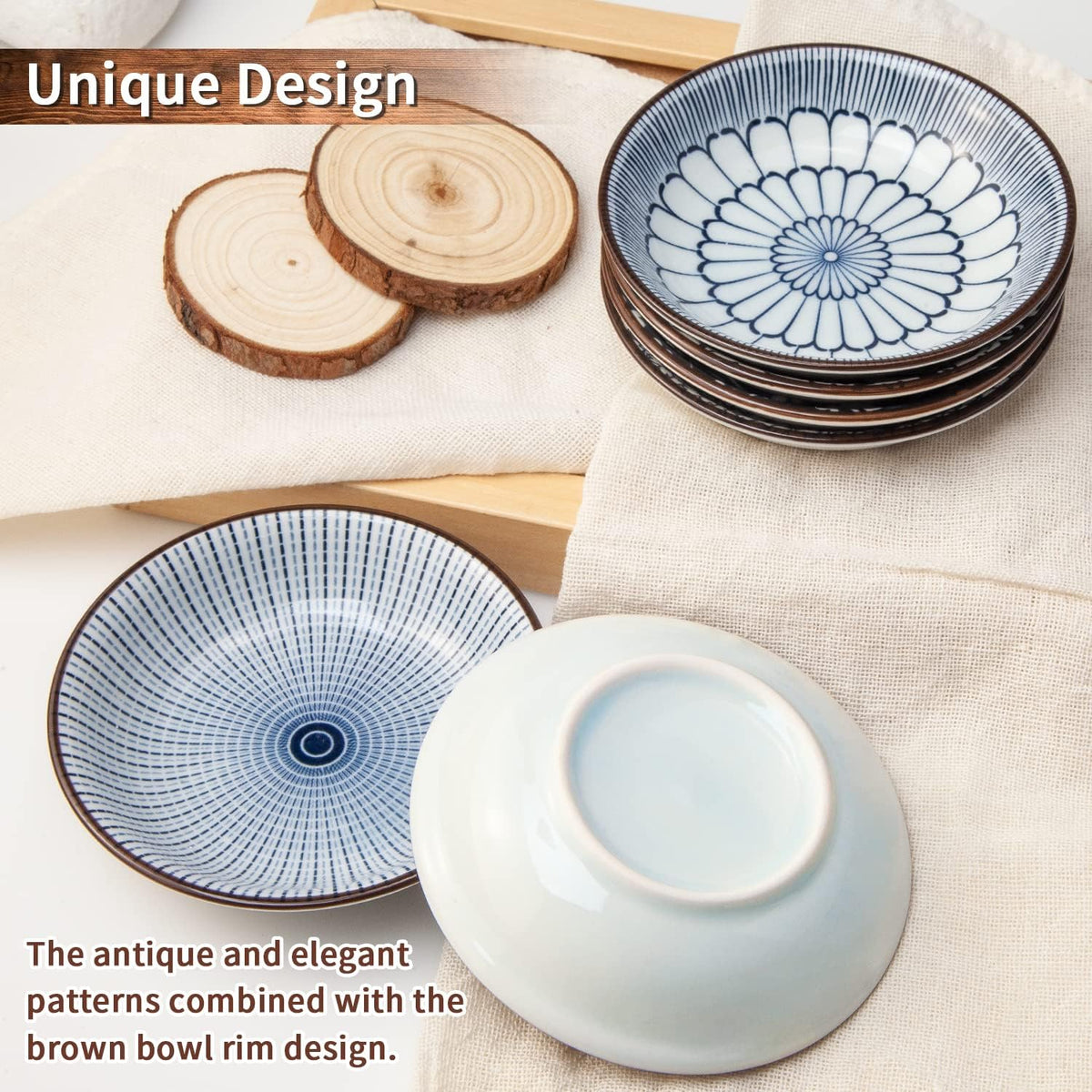 Eisinly 6 Pack Dipping Bowls,3 OZ Small Ceramic Soy Sauce Dish,Vintage Blue | 4 Inch, Blue-white Glaze, Shiny, Safe, Dishwasher Safe, for Seasonings, Sushi & BBQ