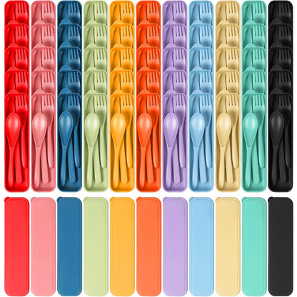 Reusable Travel Utensils Set with Case, 4 Sets Wheat Straw Portable Knife Fork Spoons Cutlery, Eco-Friendly BPA Free Plastic Tableware for Kids Adults Travel Picnic Camping Utensils