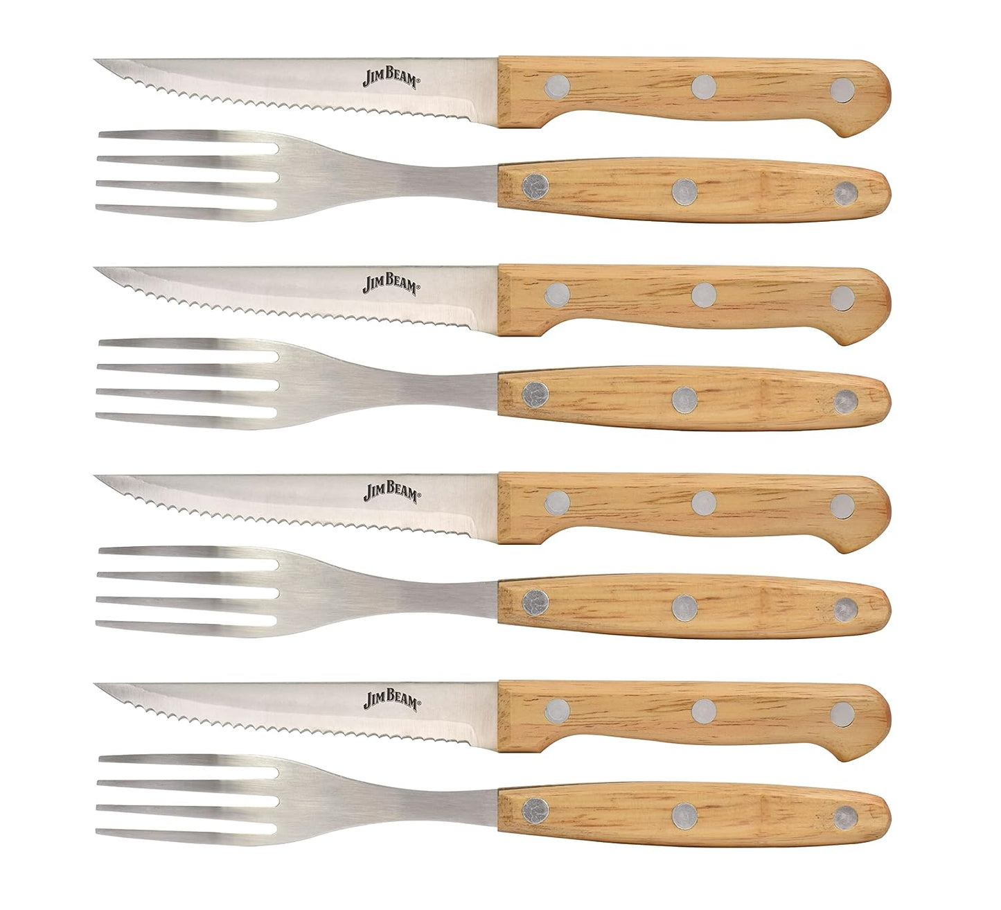 Jim Beam Set of 8 Ideal, Chicken, Pork and More-Steak Knives and Forks Made of Stainless Steel Blade and Contoure, Medium, Light Brown, JB0208