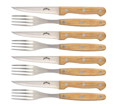 Jim Beam Set of 8 Ideal, Chicken, Pork and More-Steak Knives and Forks Made of Stainless Steel Blade and Contoure, Medium, Light Brown, JB0208