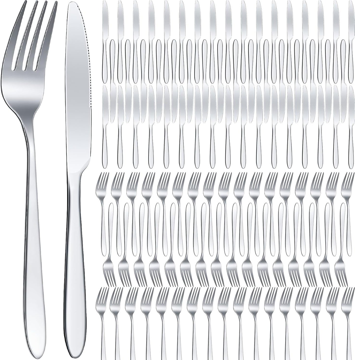 Nuenen 100 Pcs Stainless Steel Forks and Knives, Silver 8.4" 7.1" | Classic Dinner Flatware, Dishwasher Safe for Kitchen Restaurant, Butter Knife Silverware, Durable Tableware Set