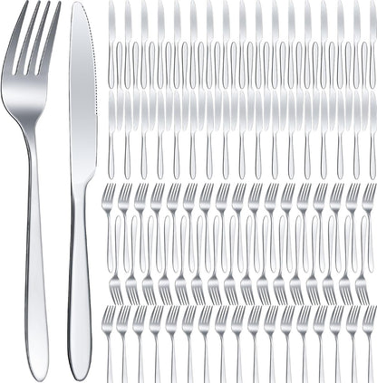 Nuenen 100 Pcs Stainless Steel Forks and Knives, Silver 8.4" 7.1" | Classic Dinner Flatware, Dishwasher Safe for Kitchen Restaurant, Butter Knife Silverware, Durable Tableware Set