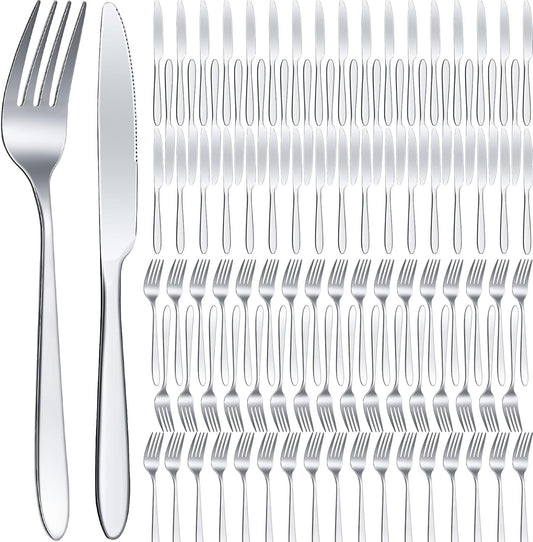 Nuenen 100 Pcs Stainless Steel Forks and Knives, Silver 8.4" 7.1" | Classic Dinner Flatware, Dishwasher Safe for Kitchen Restaurant, Butter Knife Silverware, Durable Tableware Set