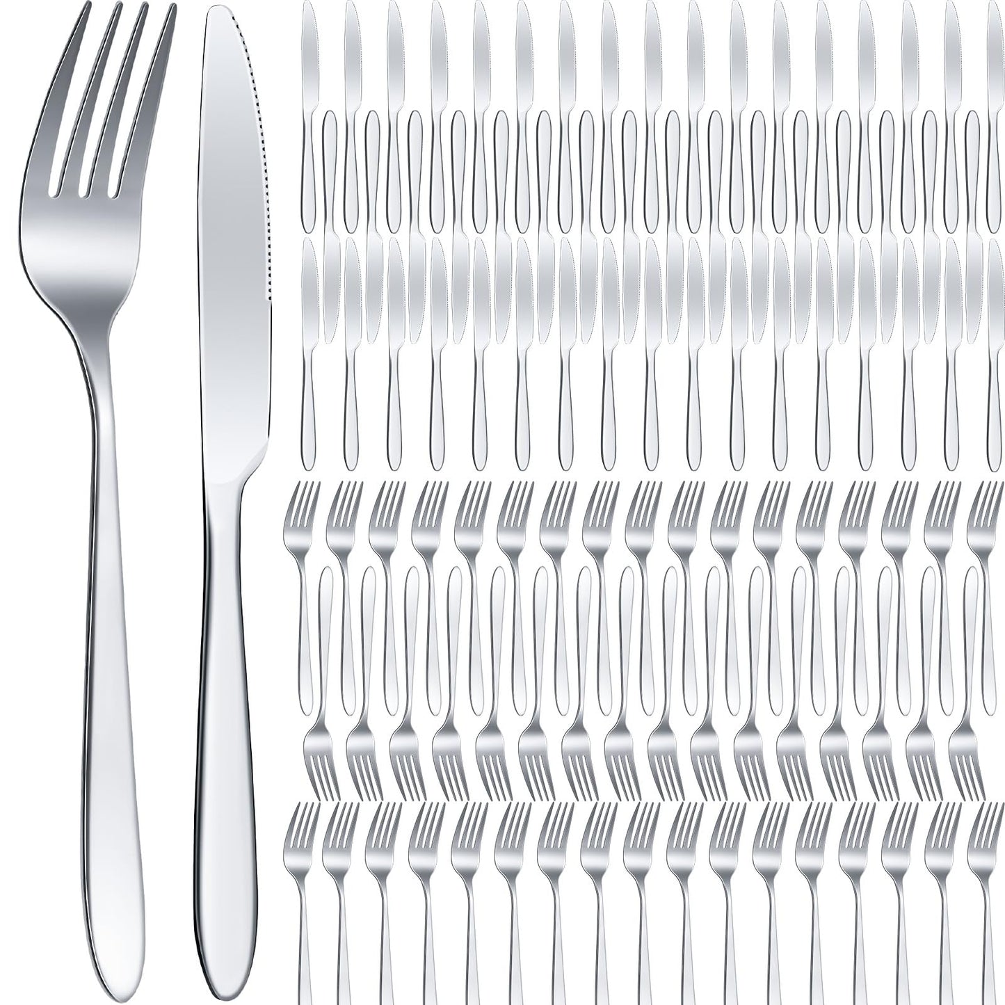 Nuenen 100 Pcs Stainless Steel Forks and Knives, Silver 8.4" 7.1" | Classic Dinner Flatware, Dishwasher Safe for Kitchen Restaurant, Butter Knife Silverware, Durable Tableware Set