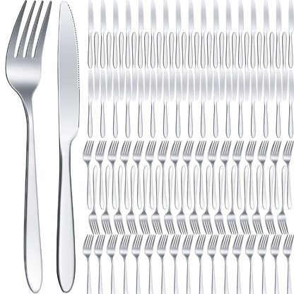 Nuenen 100 Pcs Stainless Steel Forks and Knives, Silver 8.4" 7.1" | Classic Dinner Flatware, Dishwasher Safe for Kitchen Restaurant, Butter Knife Silverware, Durable Tableware Set