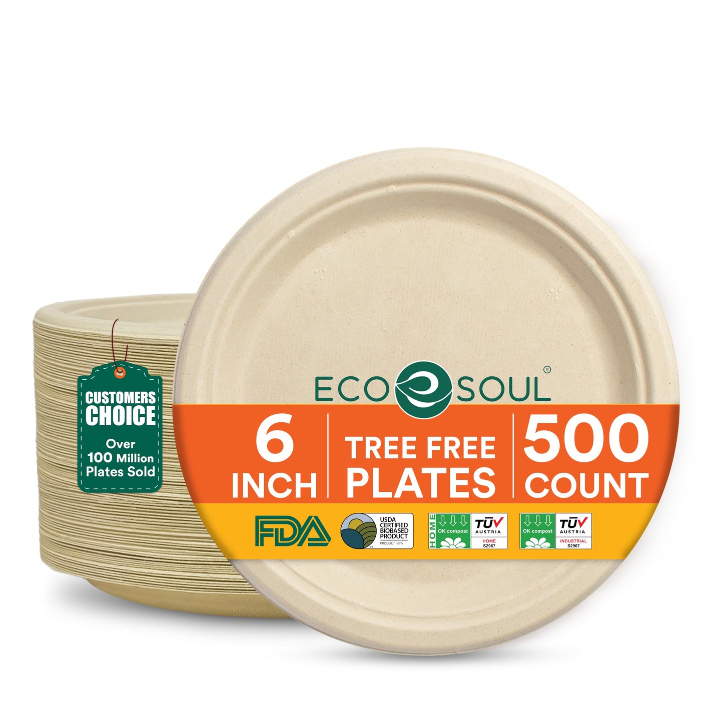 ECO SOUL 9 Inch Disposable Bagasse Paper Plates (100 Pack, Round) | Natural, Compostable, 100% Virgin Bagasse Pulp, Heavy Duty, Biodegradable, Microwave Safe, Food Safe, Eco-Friendly