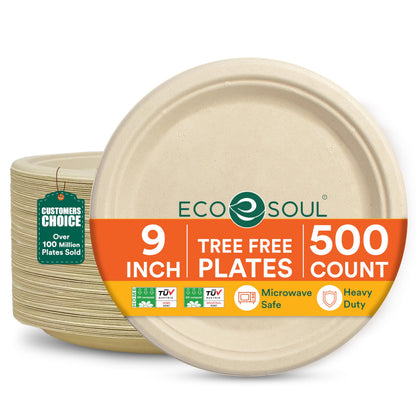 ECO SOUL 9 Inch Disposable Bagasse Paper Plates (100 Pack, Round) | Natural, Compostable, 100% Virgin Bagasse Pulp, Heavy Duty, Biodegradable, Microwave Safe, Food Safe, Eco-Friendly