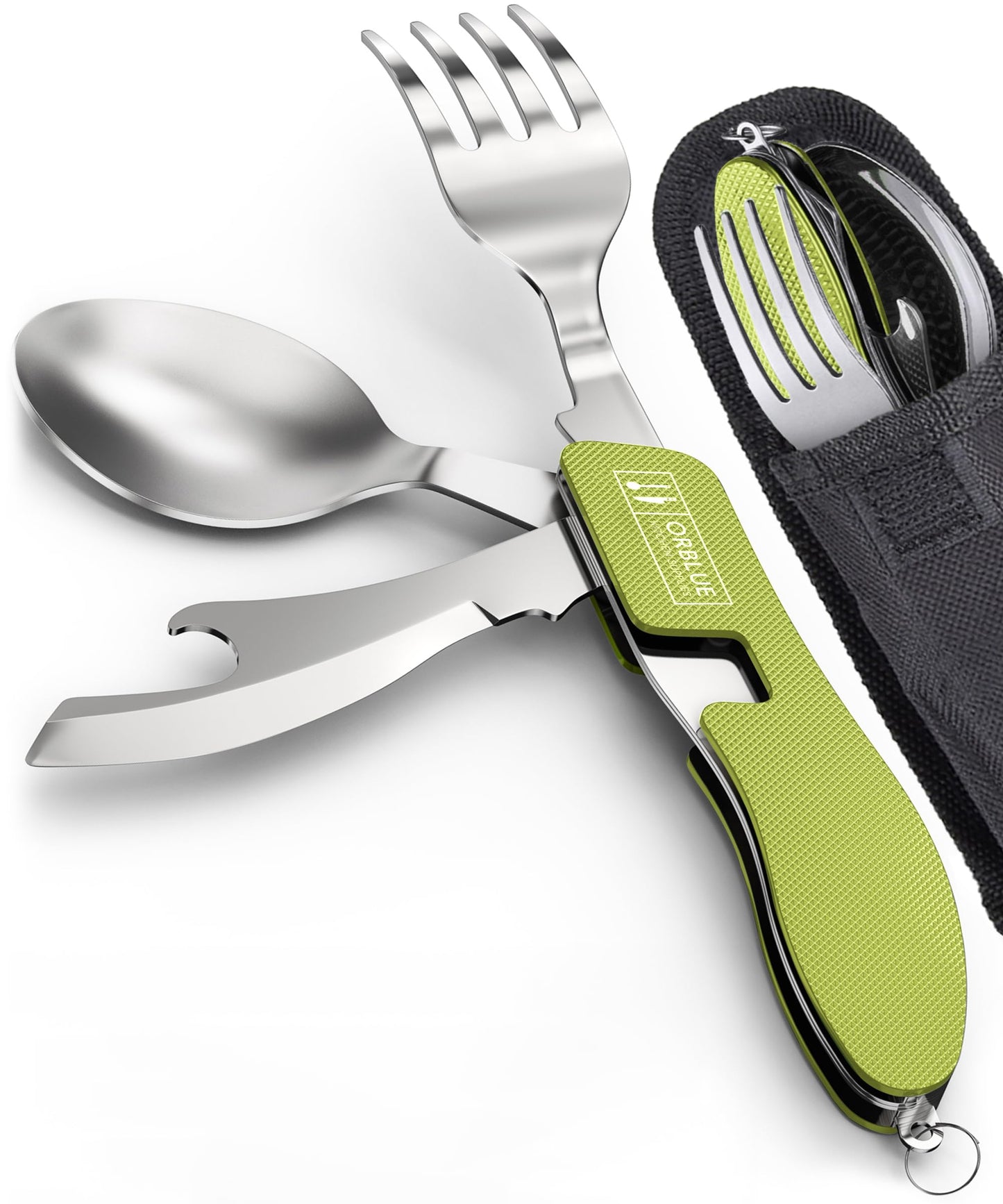 Orblue 4-in-1 Camping Utensils, 1-Pack, Portable Stainless Steel Spoon, Fork, Knife & Bottle Opener Combo Set - Travel, Backpacking Cutlery Multitool Olive Green
