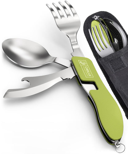 Orblue 4-in-1 Camping Utensils, 1-Pack, Portable Stainless Steel Spoon, Fork, Knife & Bottle Opener Combo Set - Travel, Backpacking Cutlery Multitool Olive Green