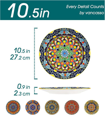 vancasso Colorful Dinner Plates Set of 6, 10.5 Inch Ceramic Kitchen Plates | Boho Dinner Plates Set, Bohemian Printed Dishes for Dining, Microwave & Dishwasher Safe Plate Set, Series KRVI