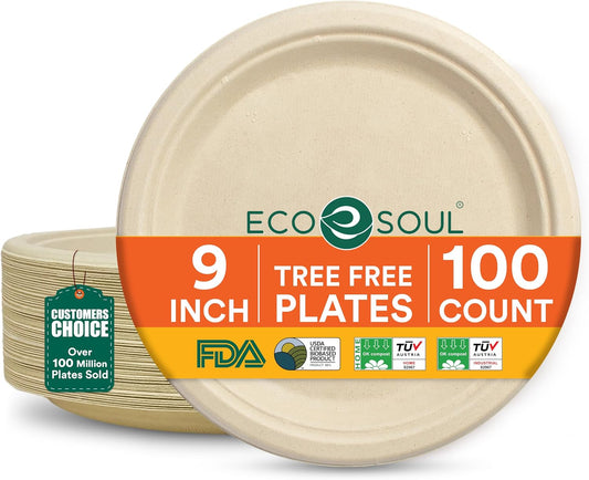 ECO SOUL 9 Inch Disposable Bagasse Paper Plates (100 Pack, Round) | Natural, Compostable, 100% Virgin Bagasse Pulp, Heavy Duty, Biodegradable, Microwave Safe, Food Safe, Eco-Friendly