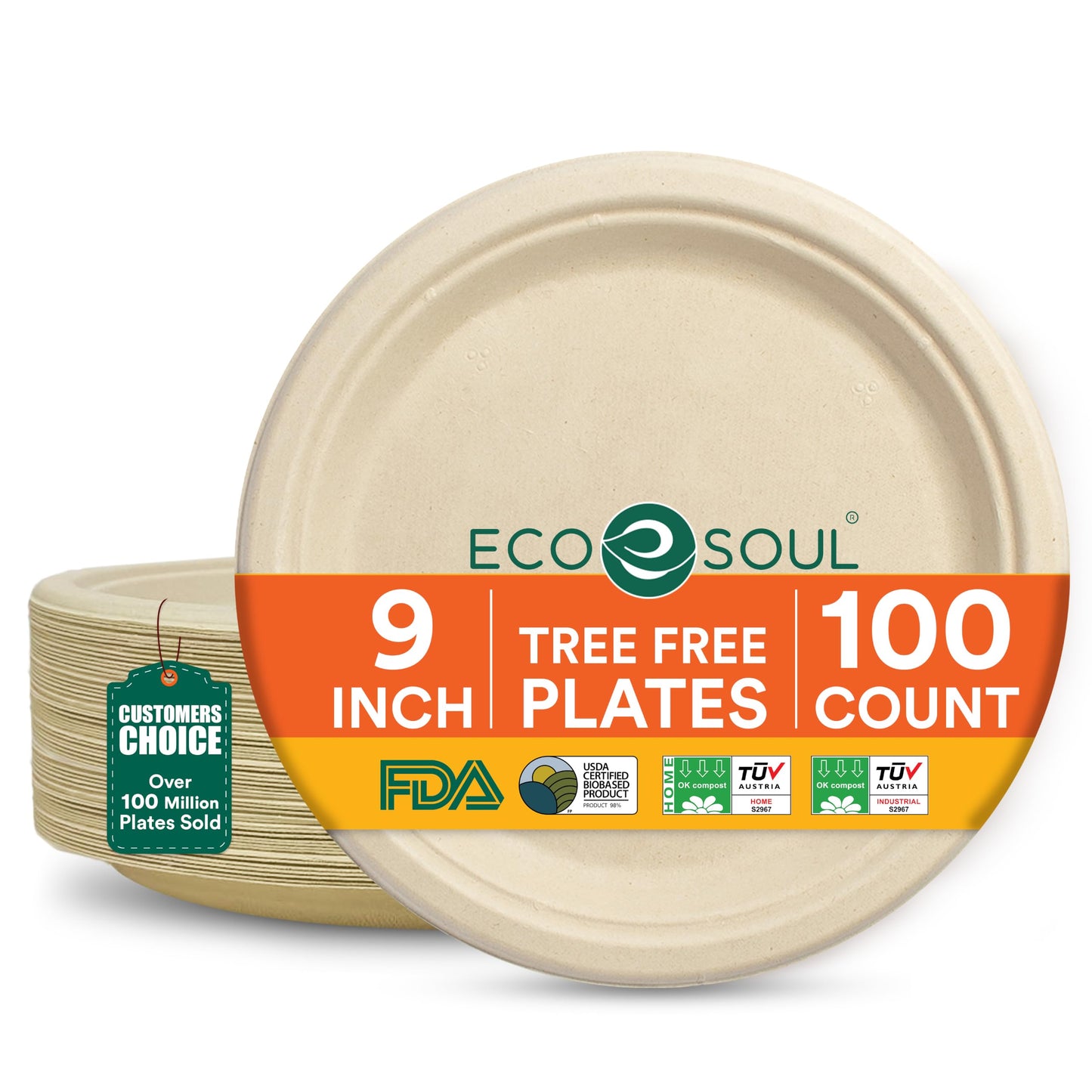 ECO SOUL 9 Inch Disposable Bagasse Paper Plates (100 Pack, Round) | Natural, Compostable, 100% Virgin Bagasse Pulp, Heavy Duty, Biodegradable, Microwave Safe, Food Safe, Eco-Friendly