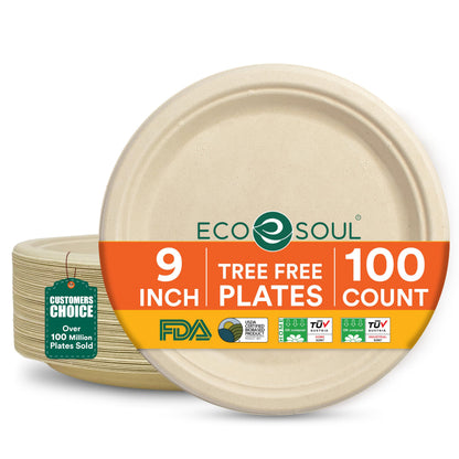 ECO SOUL 9 Inch Disposable Bagasse Paper Plates (100 Pack, Round) | Natural, Compostable, 100% Virgin Bagasse Pulp, Heavy Duty, Biodegradable, Microwave Safe, Food Safe, Eco-Friendly