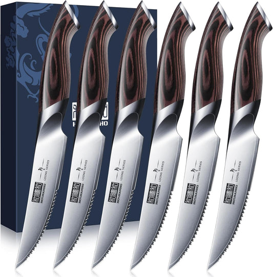 HOSHANHO Steak Knives Set of 6, Ultra Sharp 4.5 In Serrated Steak Knife Set | Japanese High Carbon Stainless Steel Kitchen Steak Knives with Ergonomic Pakkawood Handle, Ideal Gifts