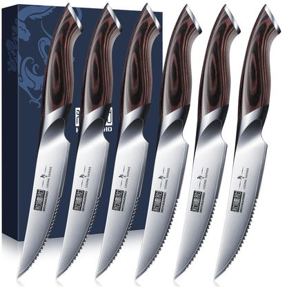 HOSHANHO Steak Knives Set of 6, Ultra Sharp 4.5 In Serrated Steak Knife Set | Japanese High Carbon Stainless Steel Kitchen Steak Knives with Ergonomic Pakkawood Handle, Ideal Gifts