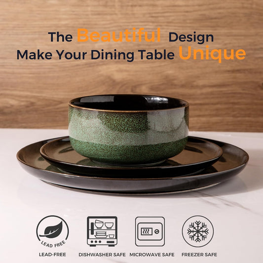 LERATIO Ceramic Dinner Plates Set of 4,10.5 Inch Reactive Glaze Plate Sets | Porcelain Modern Shape Dinnerware Dishes Set for Kitchen,Microwave&Dishwasher&Oven Safe,Scratch Resistant-Green