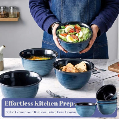 Hasense Ceramic Soup Bowls Set of 4, 40 Ounce Large Cereal Bowls for Kitchen, 7 Inch Serving Bowls for Salad Pasta Ramen Pho Popcorn, Dishwasher Microwave Safe, Navy Blue