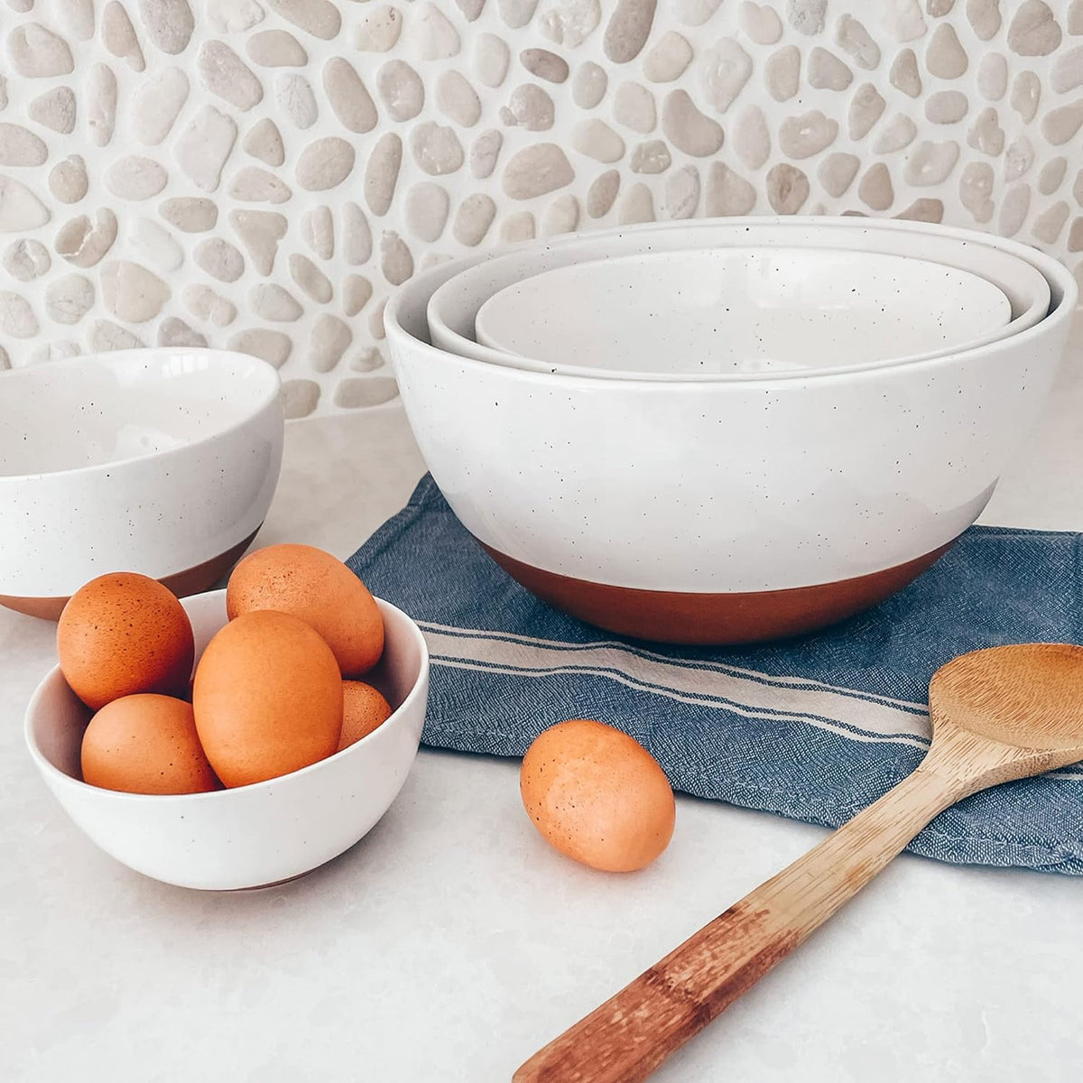 Mora Ceramic Large Mixing Bowls - Set of 2 Nesting Bowls for Cooking, Serving, Popcorn, Salad etc - Microwavable Kitchen Stoneware, Oven, Microwave and Dishwasher Safe - Extra Big 5.5 & 3.6 Qt - White