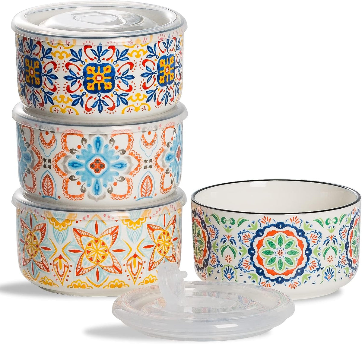 Ceramic Bowl with Lid, Microwave Safe, Set of 4 | Food Storage Containers for Soup, Meal Prep, Cereal, Salad Leftovers - Picnic, Camping, Office Lunch - 20 oz, B-Pattern