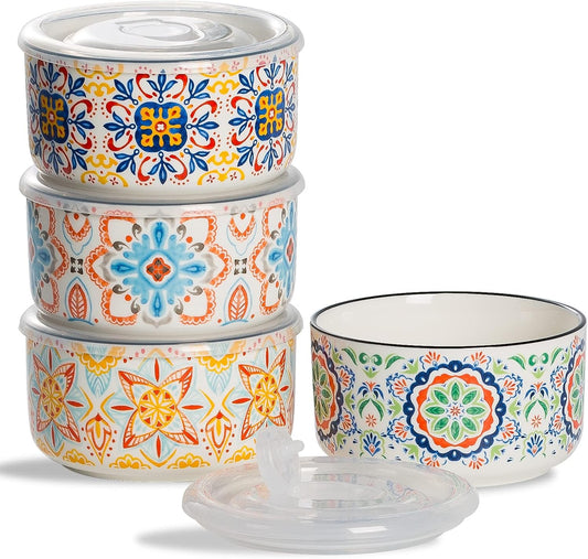 Ceramic Bowl with Lid, Microwave Safe, Set of 4 | Food Storage Containers for Soup, Meal Prep, Cereal, Salad Leftovers - Picnic, Camping, Office Lunch - 20 oz, B-Pattern