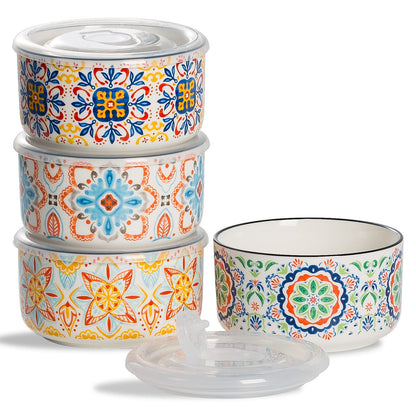 Ceramic Bowl with Lid, Microwave Safe, Set of 4 | Food Storage Containers for Soup, Meal Prep, Cereal, Salad Leftovers - Picnic, Camping, Office Lunch - 20 oz, B-Pattern