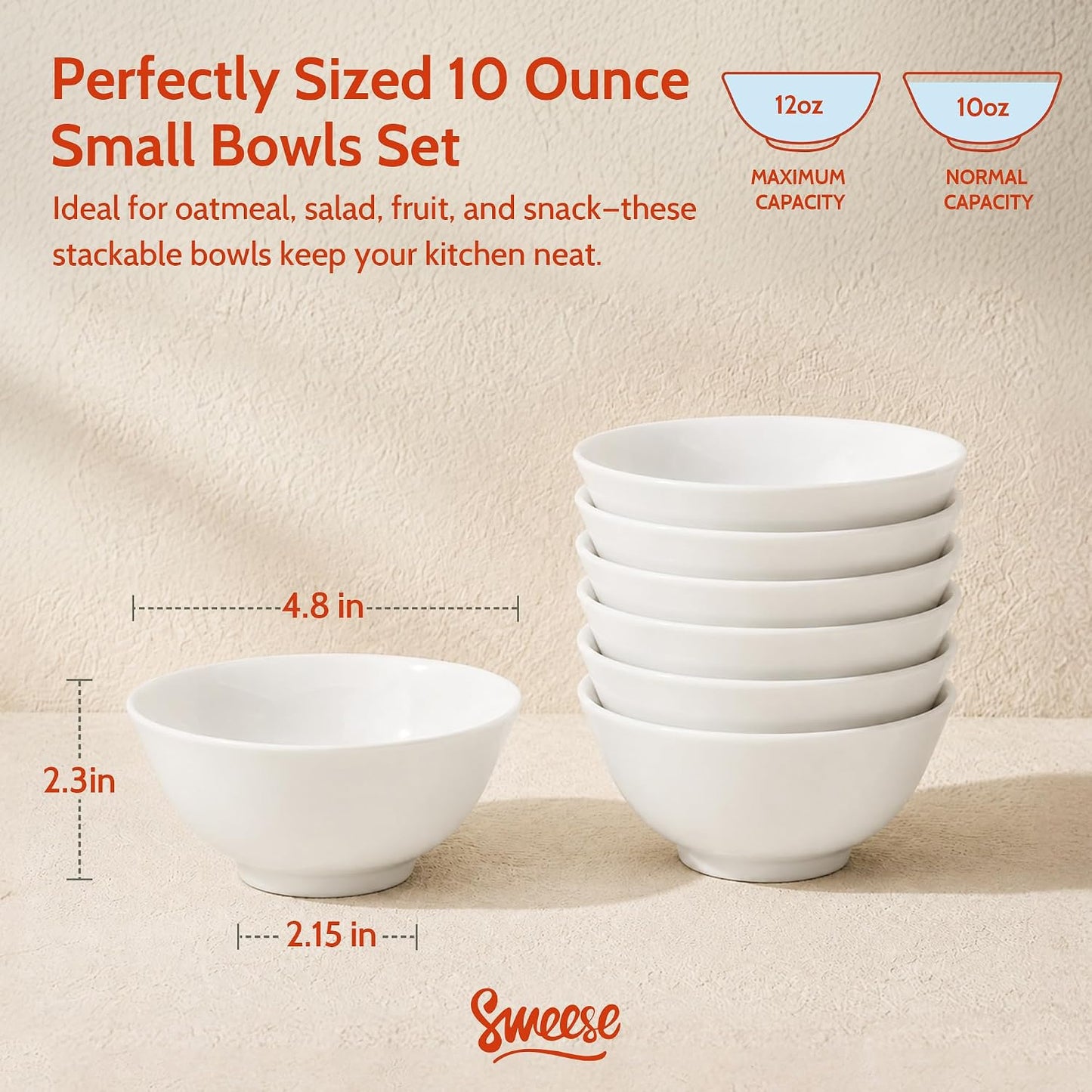 Sweese 10 oz Ceramic Bowls Set of 6, White 4.5 Inch Cereal Bowls for Yogurt, Fruit, Dessert, Oatmeal and Snacks, Stackable Small Serving Bowls for Breakfast and Everyday Use