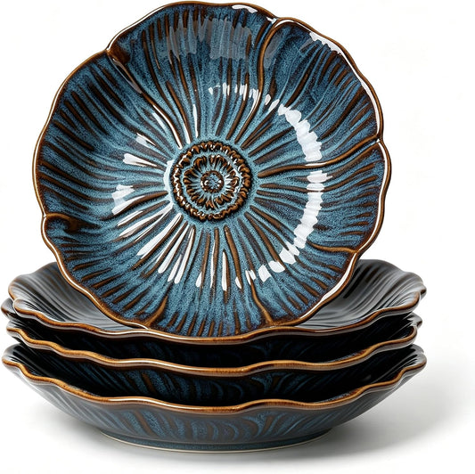 HVH 8 inch Large Pasta Bowls Set of 4, 40oz Wide Shallow Salad Bowls, Reactive Glaze Ceramic Dinner Serving Bowls Set for Ramen, Microwave & Dishwasher Safe, Corn Poppy Series (Reactive Darkblue)