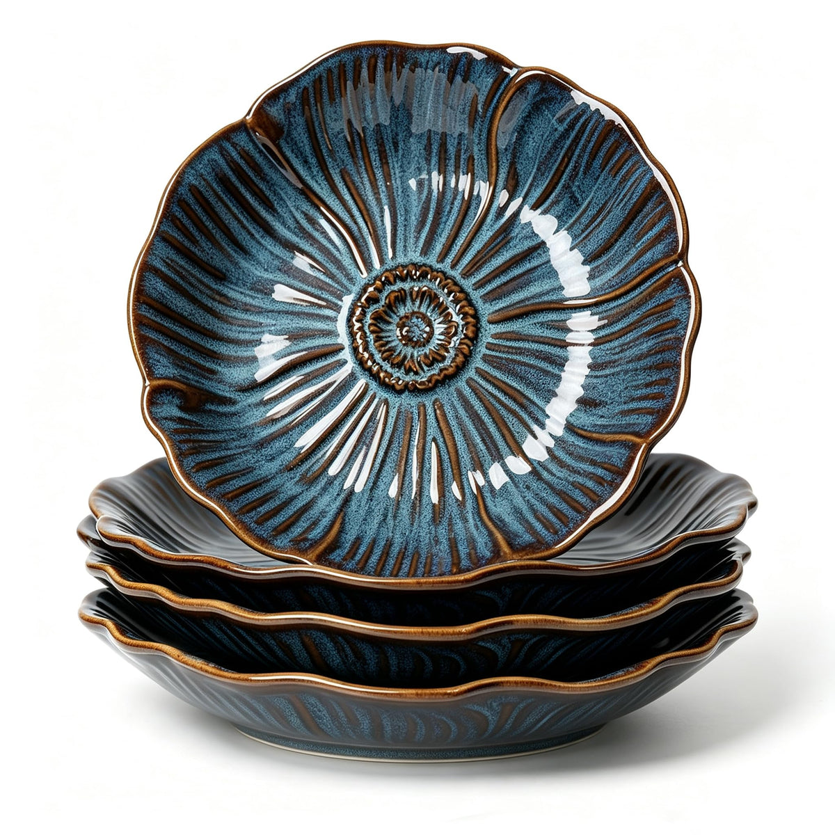 HVH 8 inch Large Pasta Bowls Set of 4, 40oz Wide Shallow Salad Bowls, Reactive Glaze Ceramic Dinner Serving Bowls Set for Ramen, Microwave & Dishwasher Safe, Corn Poppy Series (Reactive Darkblue)