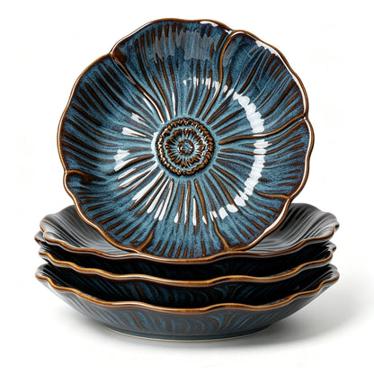 HVH 8 inch Large Pasta Bowls Set of 4, 40oz Wide Shallow Salad Bowls, Reactive Glaze Ceramic Dinner Serving Bowls Set for Ramen, Microwave & Dishwasher Safe, Corn Poppy Series (Reactive Darkblue)