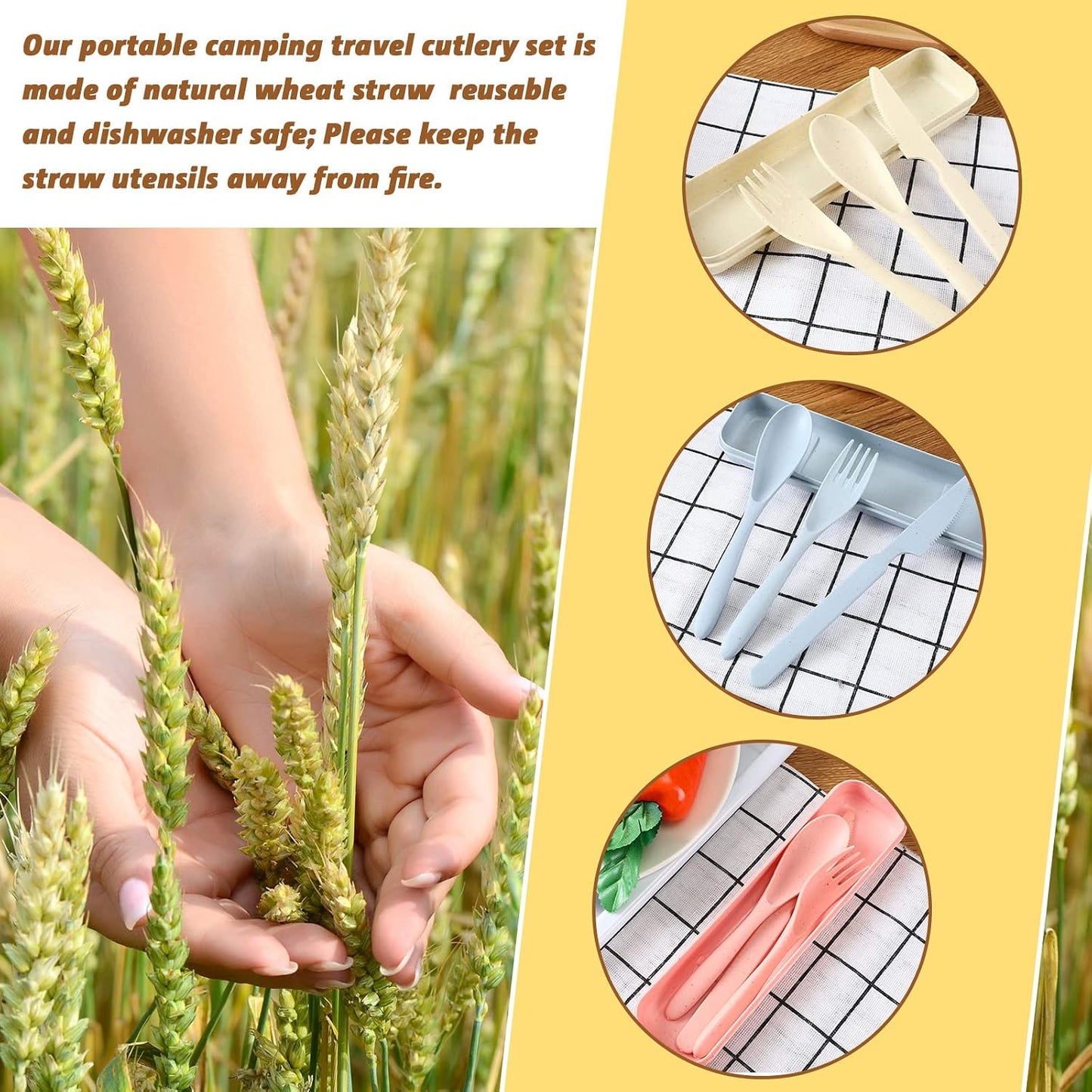 Jinei Reusable Travel Utensils Set Wheat Straw with Case,Bright | Portable Cutlery for Kids Adults, Eco-friendly Flatware for Camping Lunch School, 3-piece Spoon Fork Knife, Storage Case