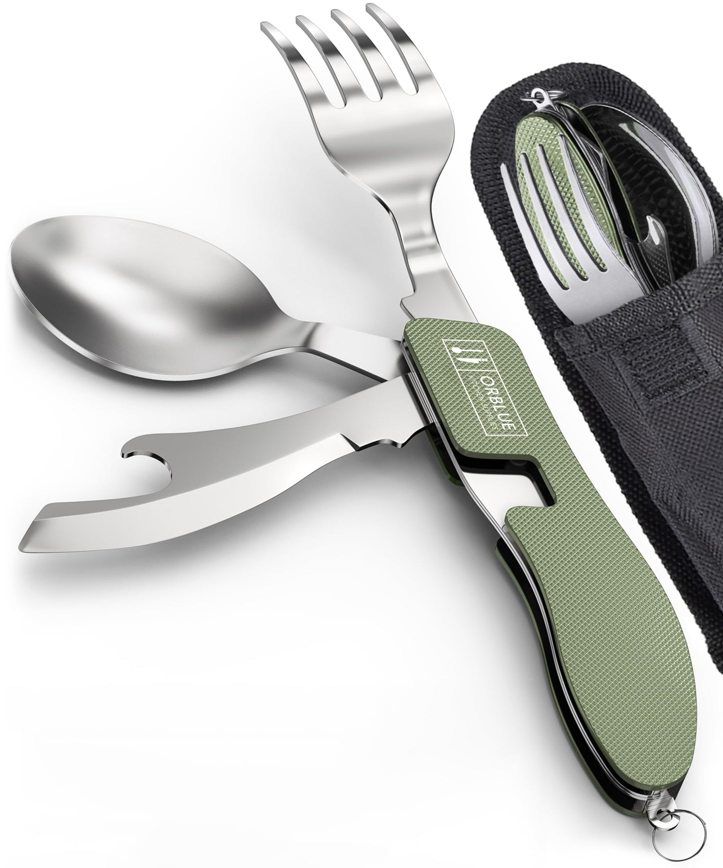 Orblue 4-in-1 Camping Utensils, 1-Pack, Portable Stainless Steel Spoon, Fork, Knife & Bottle Opener Combo Set - Travel, Backpacking Cutlery Multitool Olive Green