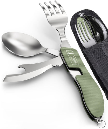 Orblue 4-in-1 Camping Utensils, 1-Pack, Portable Stainless Steel Spoon, Fork, Knife & Bottle Opener Combo Set - Travel, Backpacking Cutlery Multitool Olive Green
