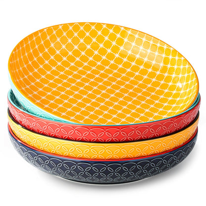 DOWAN 8.5" Vibrant Pasta, Salad & Soup Serving Bowls Set of 4, Embossed Large Porcelain Ceramic, Microwave, Oven & Dishwasher Safe, Bonita Design Perfect for Daily Dining, Family Gatherings, Party