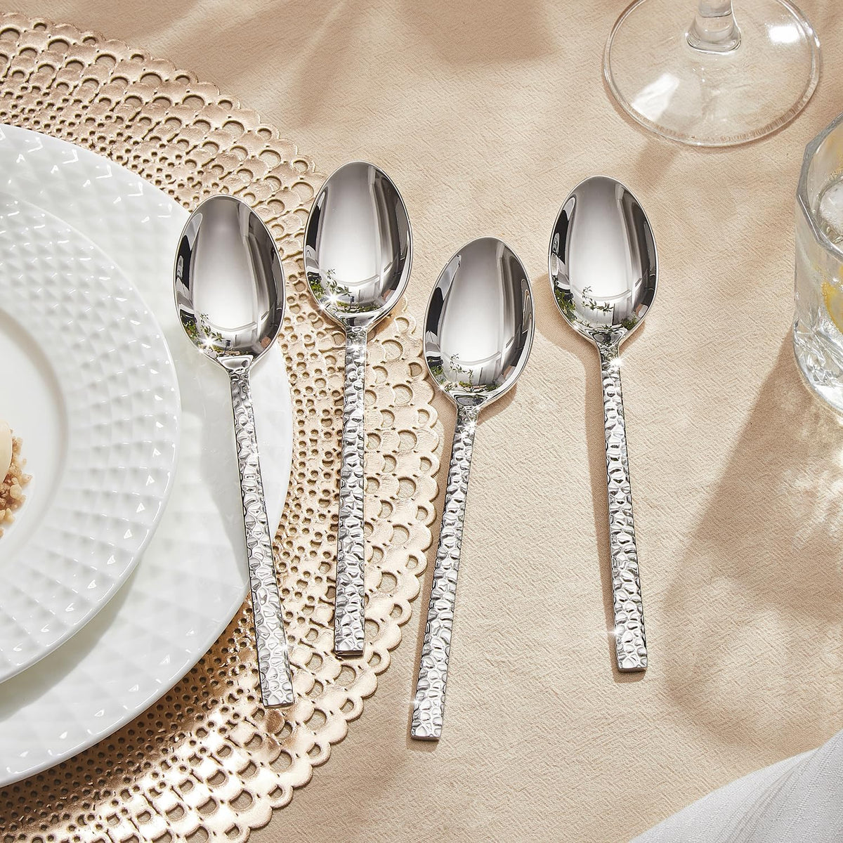 24-Piece Hammered Teaspoons Set, 7.06-Inch 18/10 Stainless Steel | Mirror Finish Small Dessert Spoons, Dishwasher Safe for Home and Kitchen