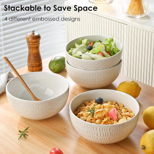 40 OZ Large Cereal Bowls Set of 4, Farmhouse Embossment Ceramic Salad Bowls for Soup, Serving, Fruit, Snack, Noodle, Ramen, Pho, Microwave & Dishwasher Safe, 6.7 Inch White