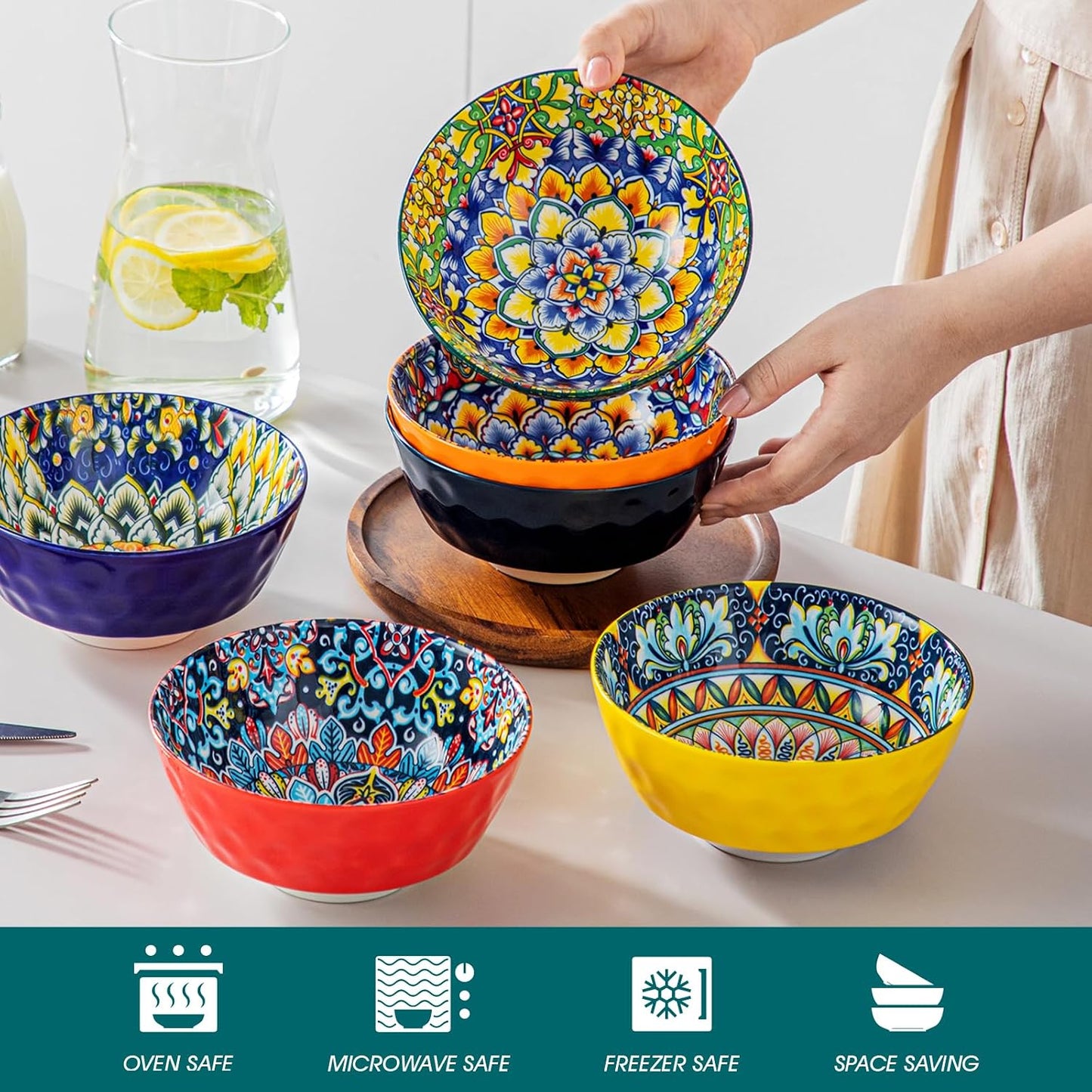vancasso 26 Oz Ceramic Cereal Bowls Set of 6, Bohemian Soup Salad Bowls | Microwave and Dishwasher Safe, Handcrafted Bohemian Design with Vibrant Glaze, Versatile for Soup, Salad, Pasta, Cereal