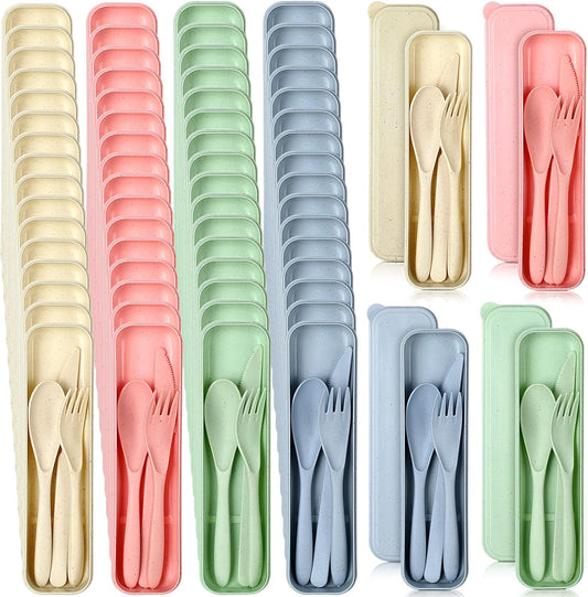 Jinei Reusable Travel Utensils Set Wheat Straw with Case,Bright | Portable Cutlery for Kids Adults, Eco-friendly Flatware for Camping Lunch School, 3-piece Spoon Fork Knife, Storage Case