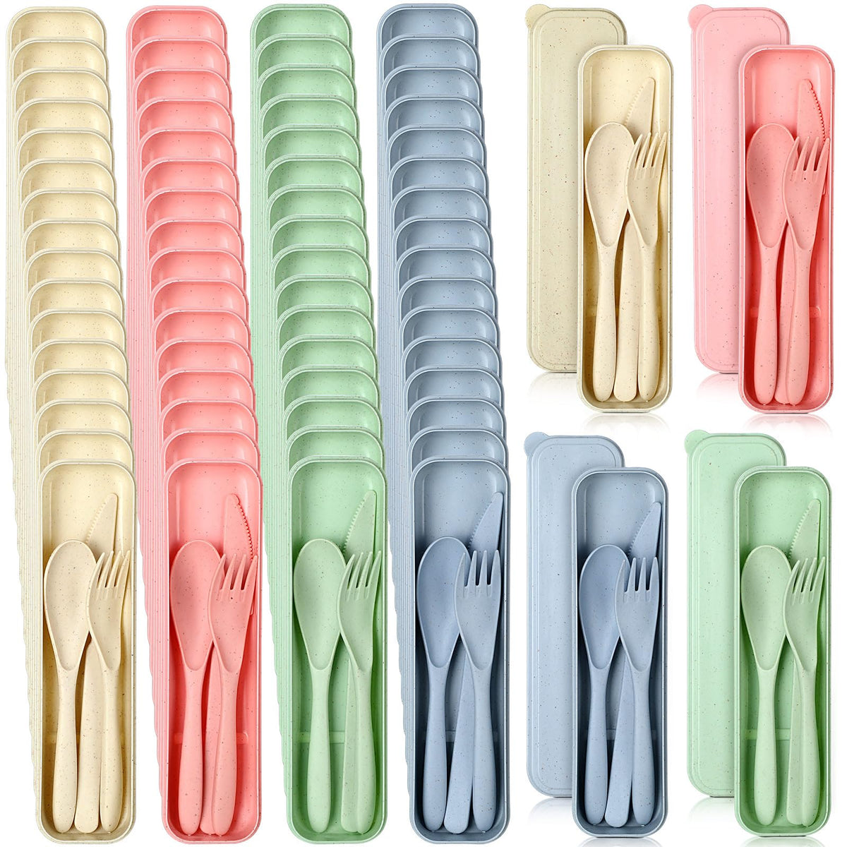 Jinei Reusable Travel Utensils Set Wheat Straw with Case,Bright | Portable Cutlery for Kids Adults, Eco-friendly Flatware for Camping Lunch School, 3-piece Spoon Fork Knife, Storage Case