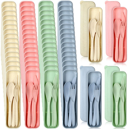 Jinei Reusable Travel Utensils Set Wheat Straw with Case,Bright | Portable Cutlery for Kids Adults, Eco-friendly Flatware for Camping Lunch School, 3-piece Spoon Fork Knife, Storage Case