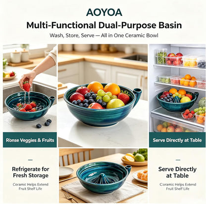 Self Spinning Ceramic Berry Washing Bowl with Drain Holes, 7'' Kitchen Fruit Washer Spinner Bowl with 10pcs Sponges，Blue