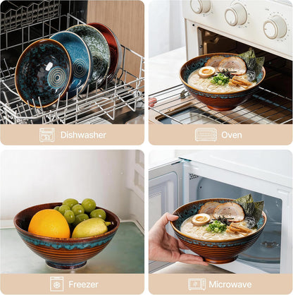 8 Inch Ceramic Ramen Bowl Set of 2, 40oz Japanese Bowls with Spoons & Chopsticks,Durable,Microwave & Dishwasher Safe,Perfect for Ramen,Pho,Salad,Soup,Noodles，Mixing bowls（Verdigris Green）