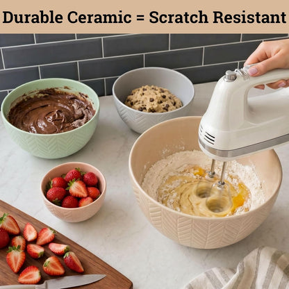Ceramic Mixing Bowls Set of 4 pcs, Colorful Nesting Bowls 5, 3, 1, 0.5 Qt | Thick, Durable, Scratch Resistant Ceramic, Nesting Set of 4, Dishwasher, Freezer, Microwave, and Oven Safe, Wide Stable Base