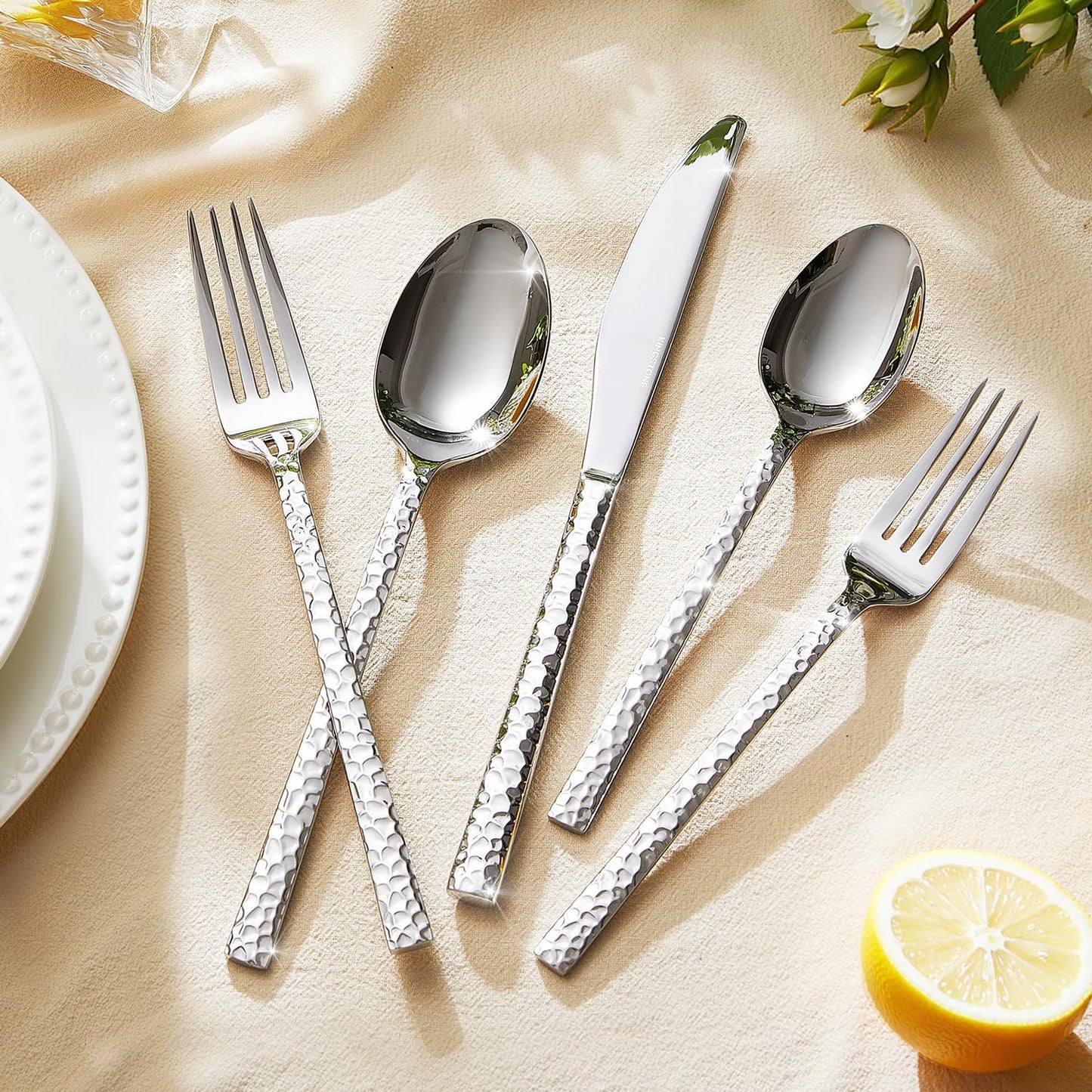 40 Piece Hammered Silverware Set, 18/10 Stainless Steel Flatware Set for 8 | KINGSTONE Mirror Polished Knives Forks Spoons Utensils, Cutlery Set for Home, Party, Wedding, Housewarming, Dishwasher Safe