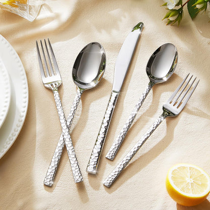 40 Piece Hammered Silverware Set, 18/10 Stainless Steel Flatware Set for 8 | KINGSTONE Mirror Polished Knives Forks Spoons Utensils, Cutlery Set for Home, Party, Wedding, Housewarming, Dishwasher Safe