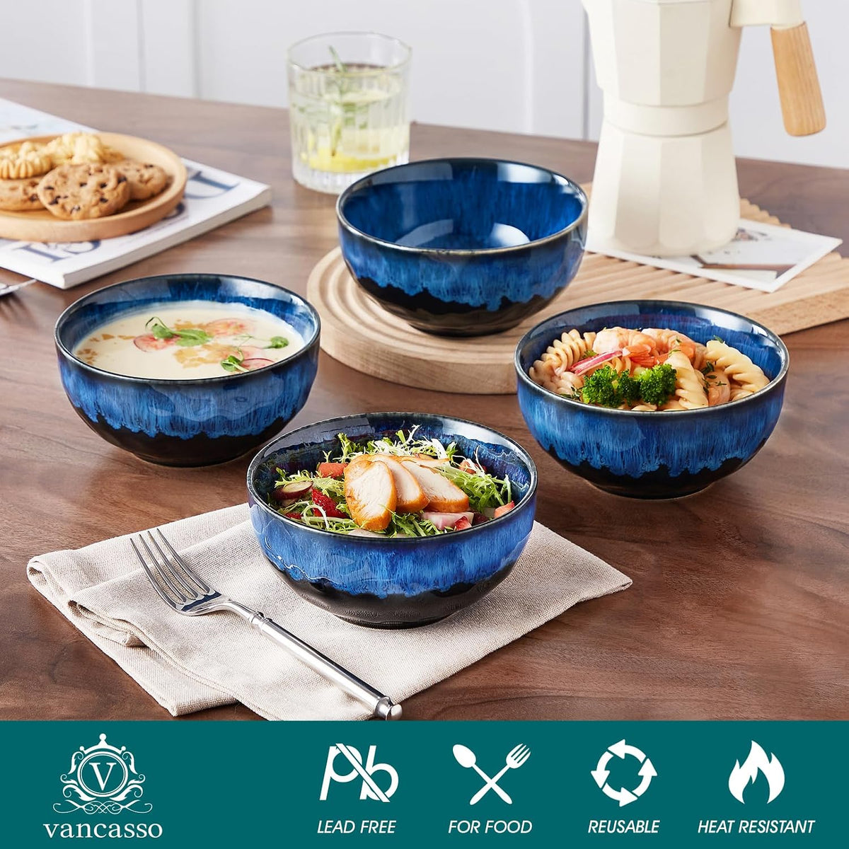 vancasso Starry 24oz Bowls for Soup, Ceramic Blue bowls Set of 4 | Deep Bowls for Cereal, Salad and Oatmeal, Dishwasher & Microwave Oven Safe